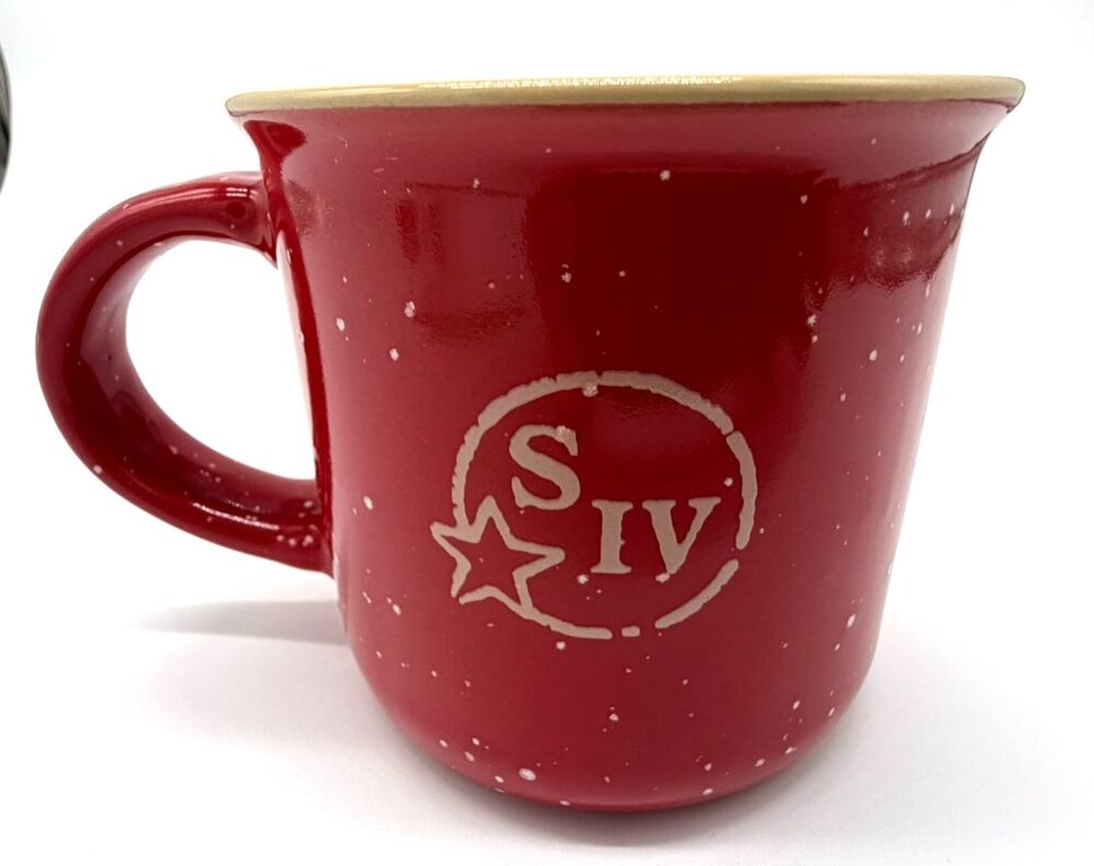 Makers Mark Bourbon Whiskey Coffee Cup Red Tan Speckled Ceramic Enamelware